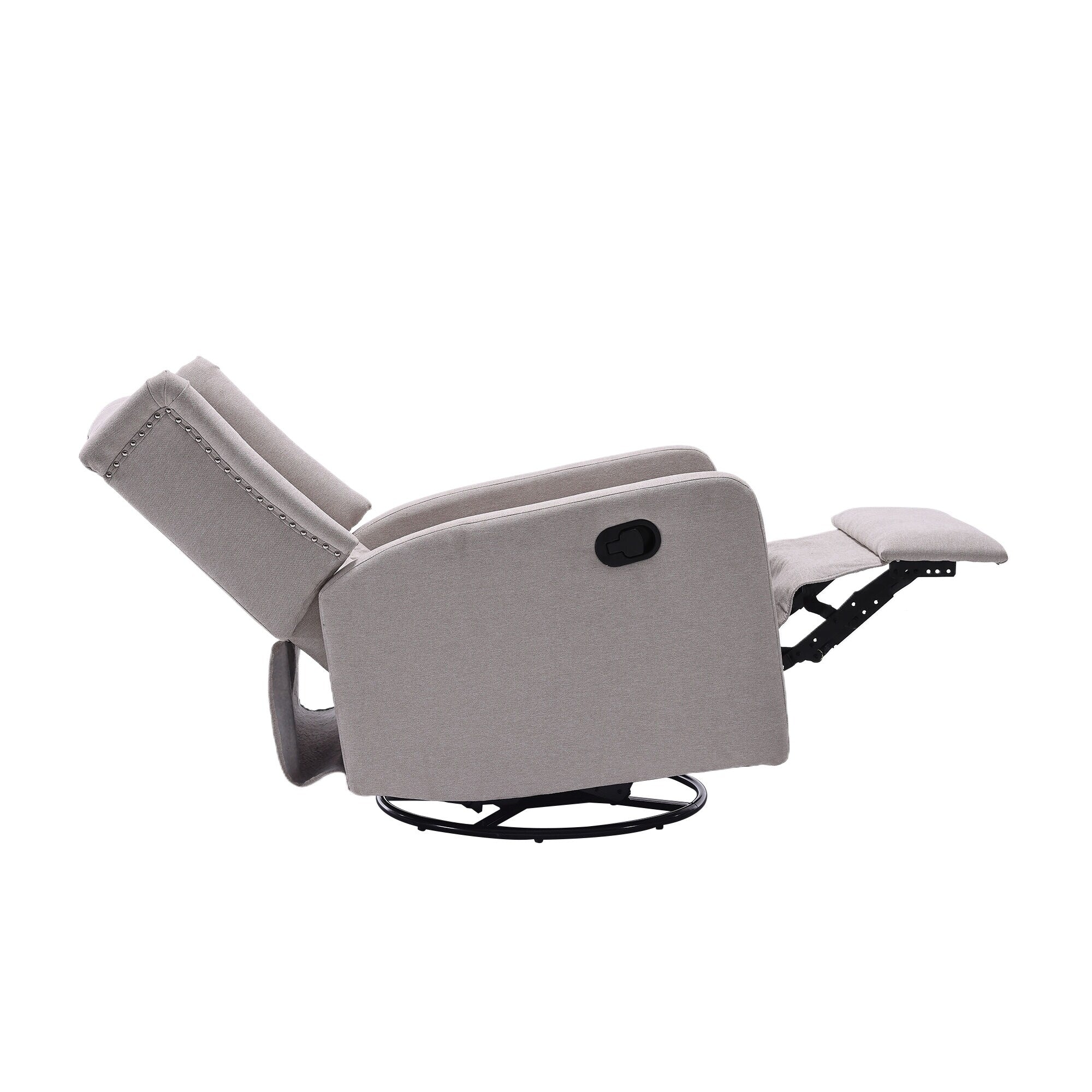 Fauteuil inclinable manuel pivotant à 360° en lin beige avec dossier capitonné et repose-pieds pour salon et chambre