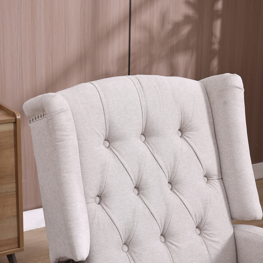 Fauteuil inclinable manuel pivotant à 360° en lin beige avec dossier capitonné et repose-pieds pour salon et chambre