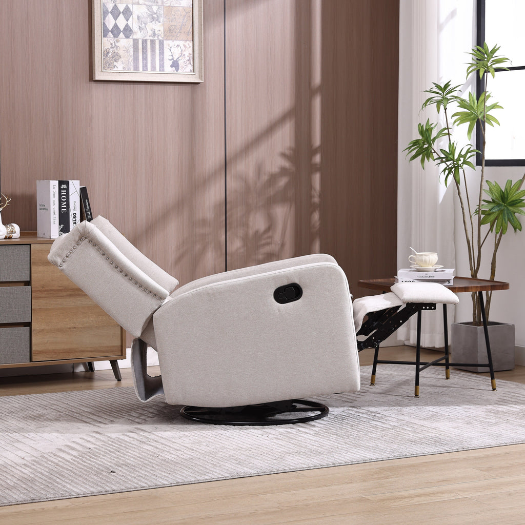 Fauteuil inclinable manuel pivotant à 360° en lin beige avec dossier capitonné et repose-pieds pour salon et chambre