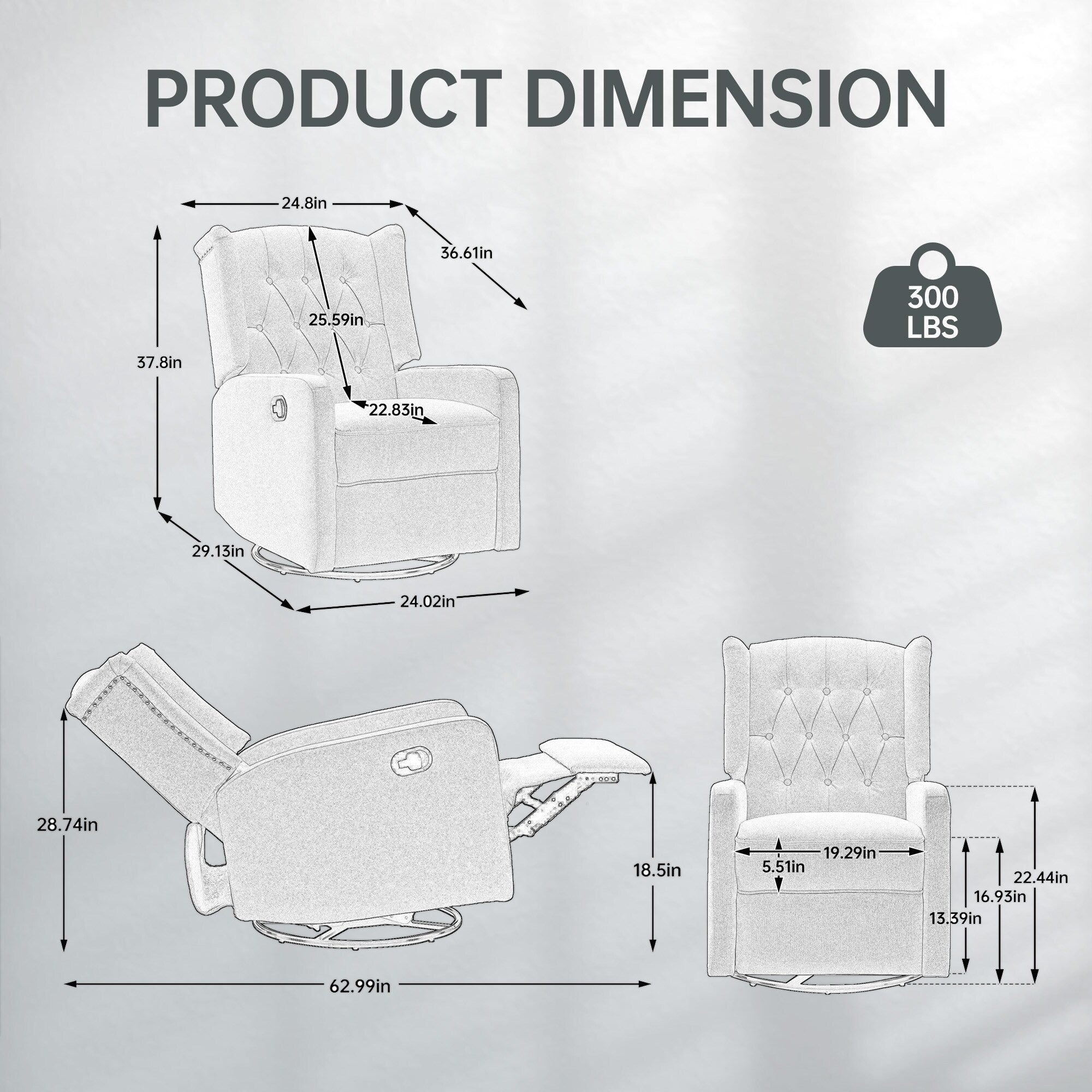 Fauteuil inclinable manuel pivotant à 360° en lin beige avec dossier capitonné et repose-pieds pour salon et chambre