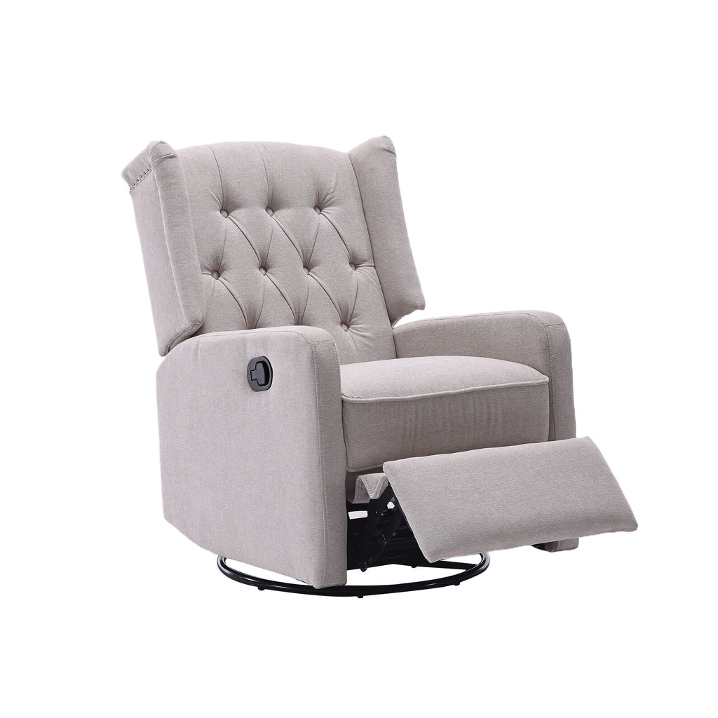 Fauteuil inclinable manuel pivotant à 360° en lin beige avec dossier capitonné et repose-pieds pour salon et chambre