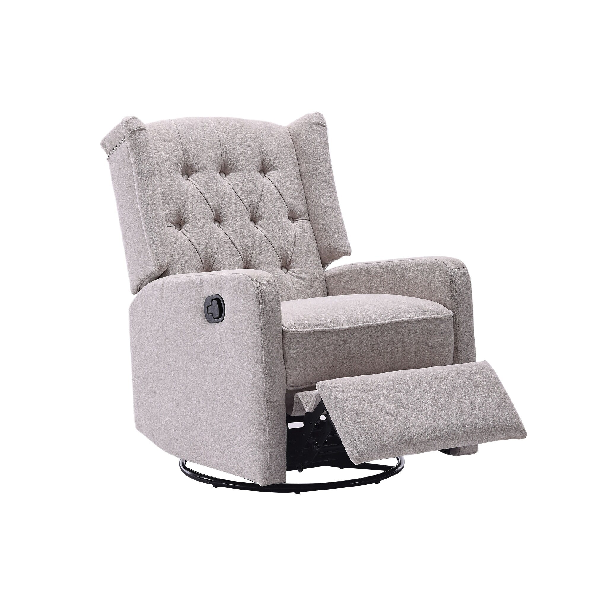 Fauteuil inclinable manuel pivotant à 360° en lin beige avec dossier capitonné et repose-pieds pour salon et chambre