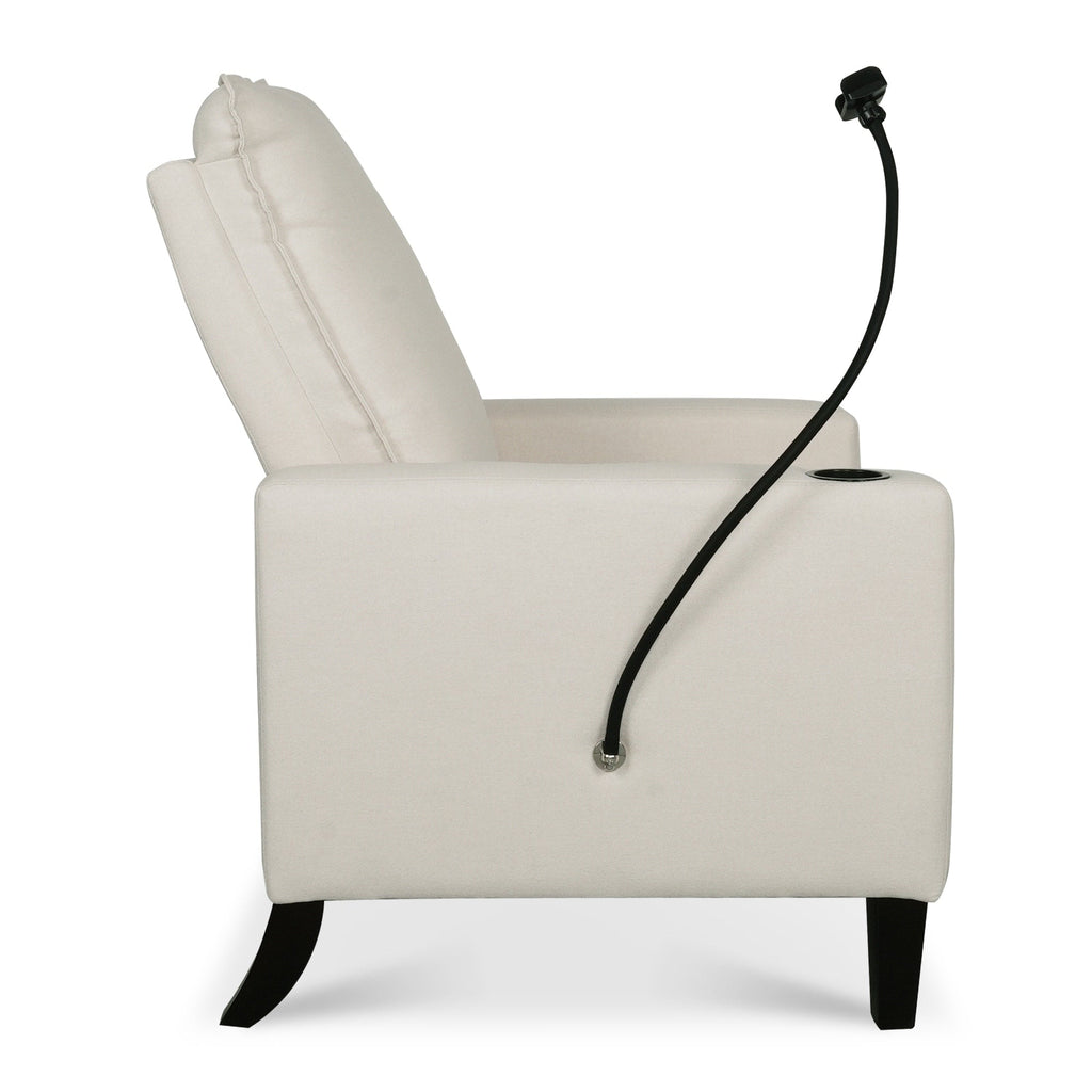 Fauteuil inclinable manuel moderne en tissu beige avec support pour téléphone portable, porte-gobelet et repose-pieds