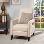 Fauteuil inclinable moderne en tissu beige avec repose-pieds, détails cloutés et pieds en bouleau