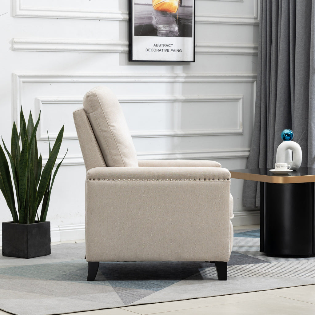 Fauteuil inclinable manuel en velours beige moderne avec coussins et décoration cloutée