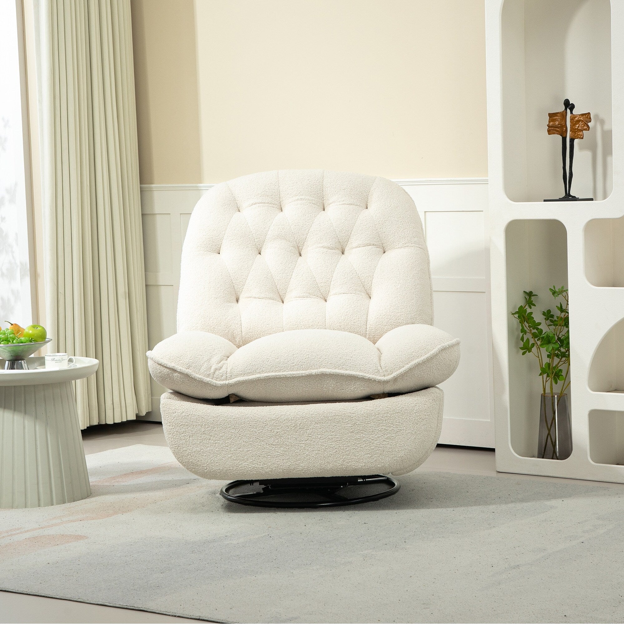 Fauteuil inclinable manuel pivotant à 360°, rembourré en chenille beige surdimensionnée, avec repose-pieds allongé et dossier capitonné