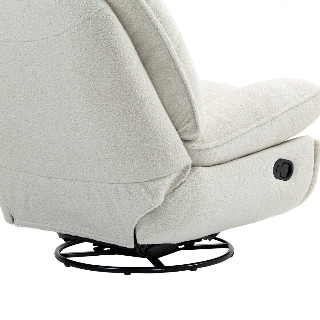 Fauteuil inclinable manuel pivotant à 360°, rembourré en chenille beige surdimensionnée, avec repose-pieds allongé et dossier capitonné