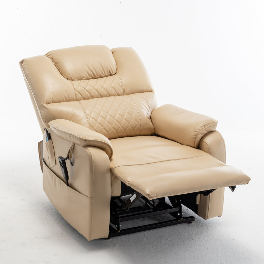 Fauteuil inclinable électrique surdimensionné beige avec moteur OKIN, relevage à plat à 180°, siège extra-large et poches de rangement