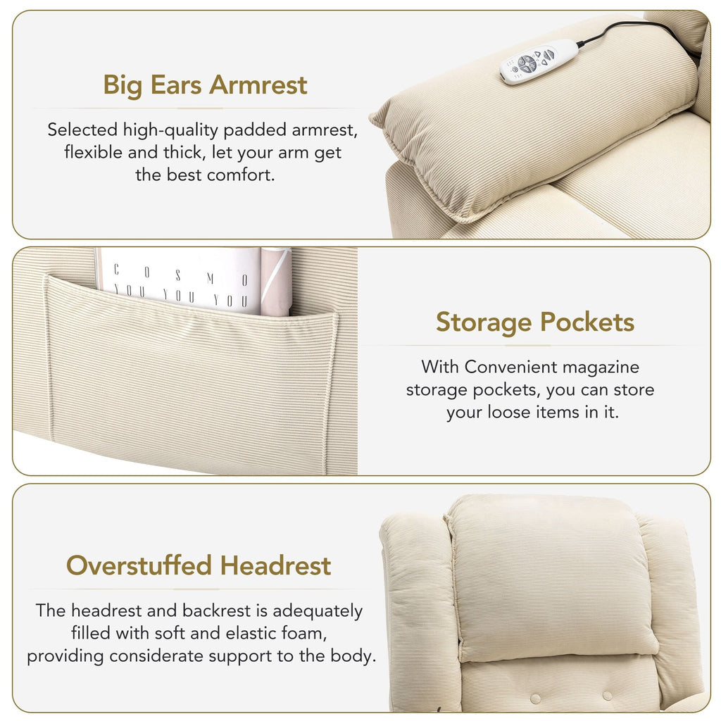 Fauteuil inclinable électrique beige pour personnes âgées avec massage, chauffage, inclinaison réglable, poches latérales et positions illimitées