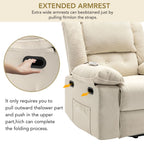 Fauteuil inclinable électrique beige pour personnes âgées avec massage, chauffage, inclinaison réglable, poches latérales et positions illimitées