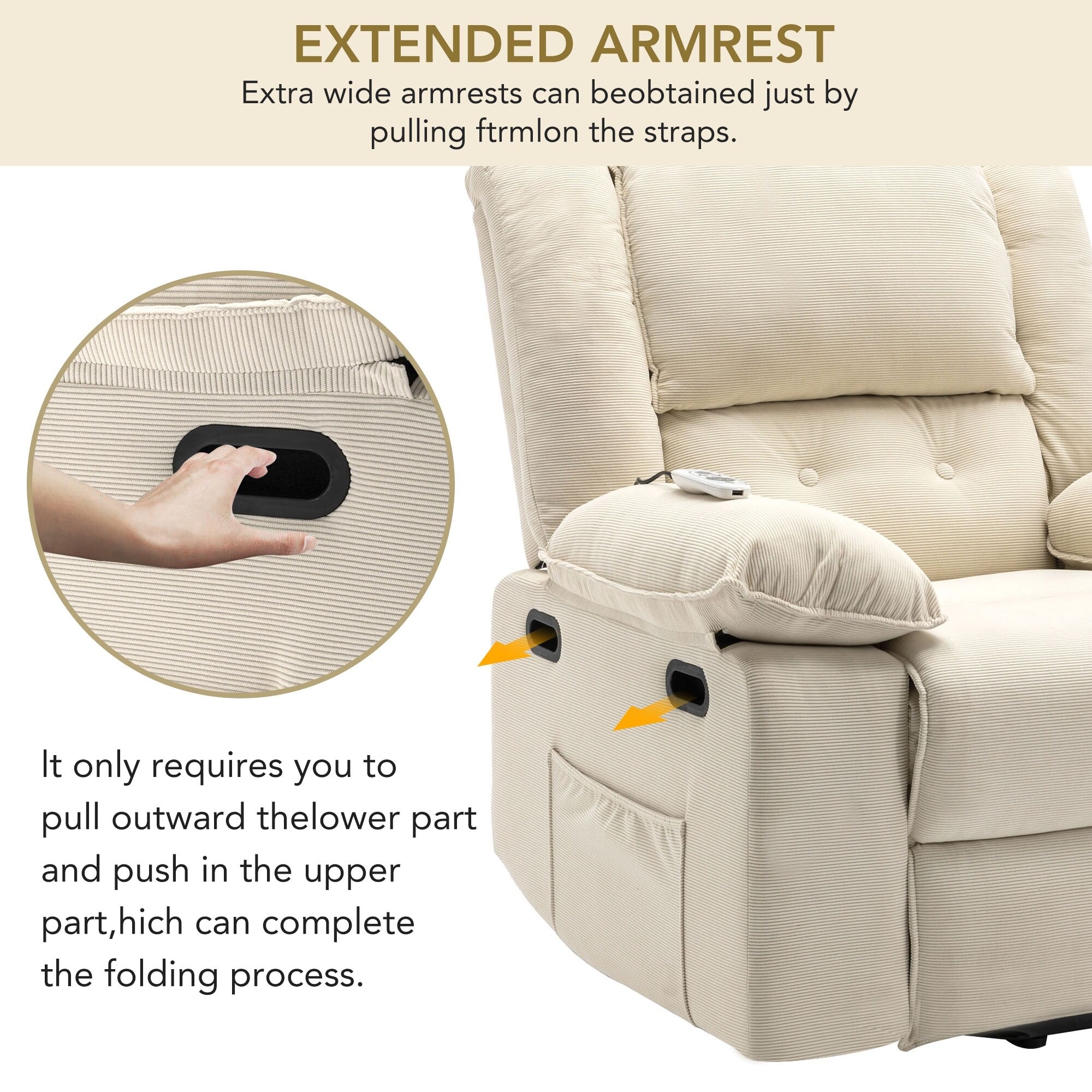 Fauteuil inclinable électrique beige pour personnes âgées avec massage, chauffage, inclinaison réglable, poches latérales et positions illimitées