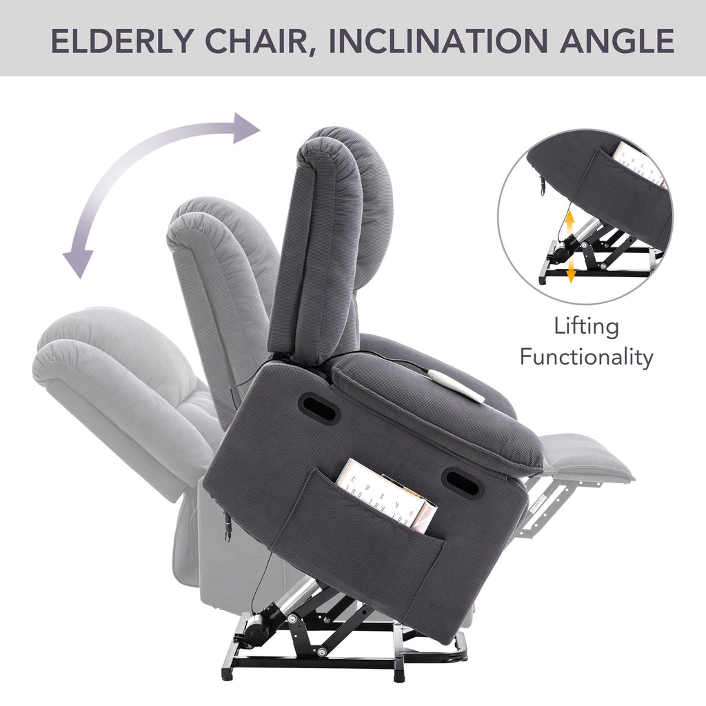 Fauteuil inclinable électrique beige pour personnes âgées avec massage, chauffage, inclinaison réglable, poches latérales et positions illimitées