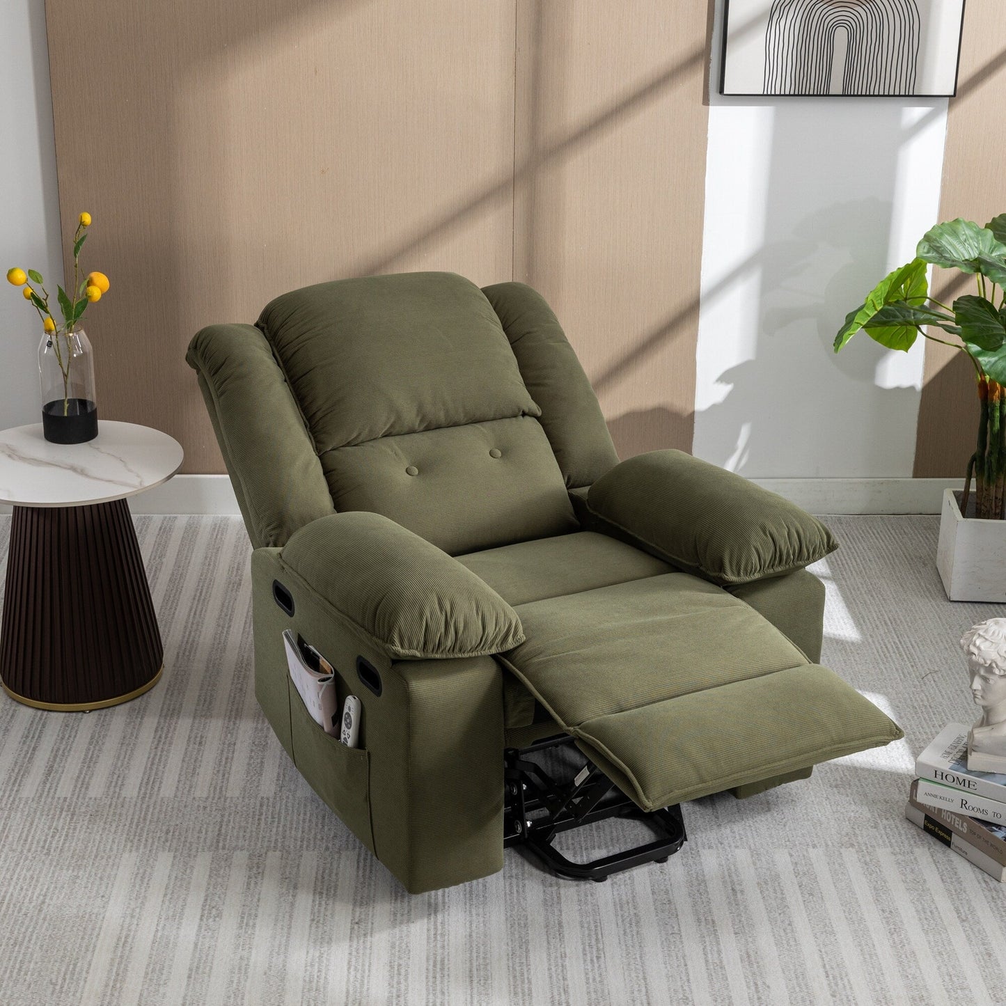 Fauteuil inclinable électrique beige pour personnes âgées avec massage, chauffage, inclinaison réglable, poches latérales et positions illimitées