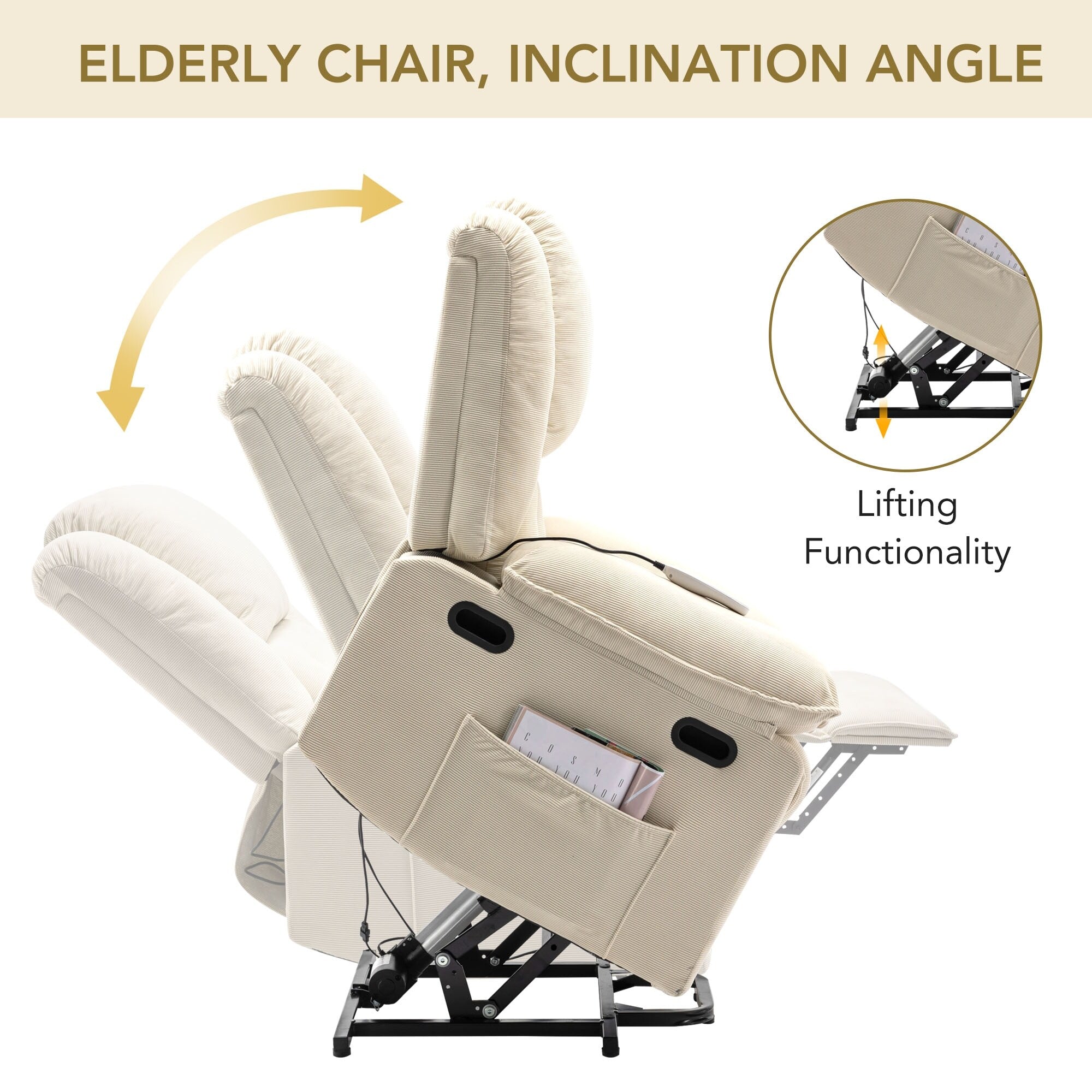Fauteuil inclinable électrique beige pour personnes âgées avec massage, chauffage, inclinaison réglable, poches latérales et positions illimitées