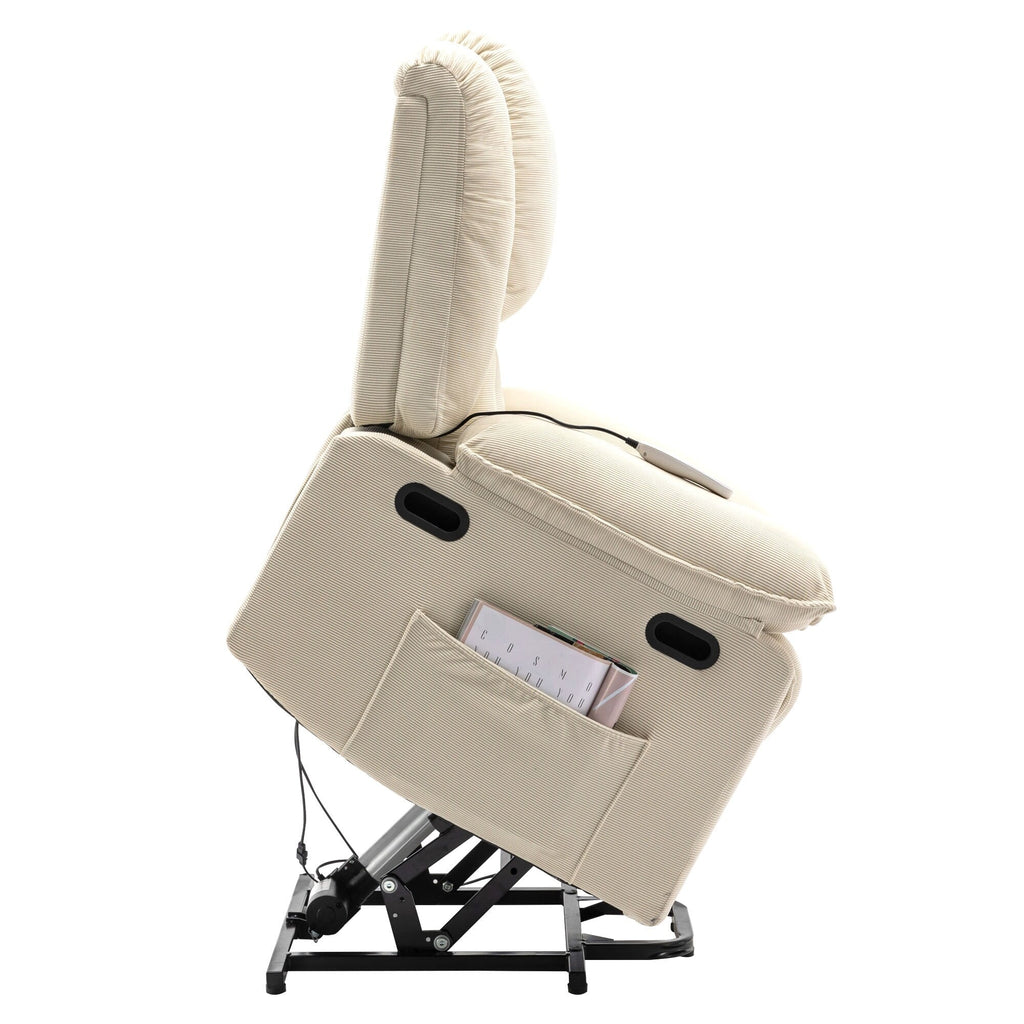 Fauteuil inclinable électrique beige pour personnes âgées avec massage, chauffage, inclinaison réglable, poches latérales et positions illimitées