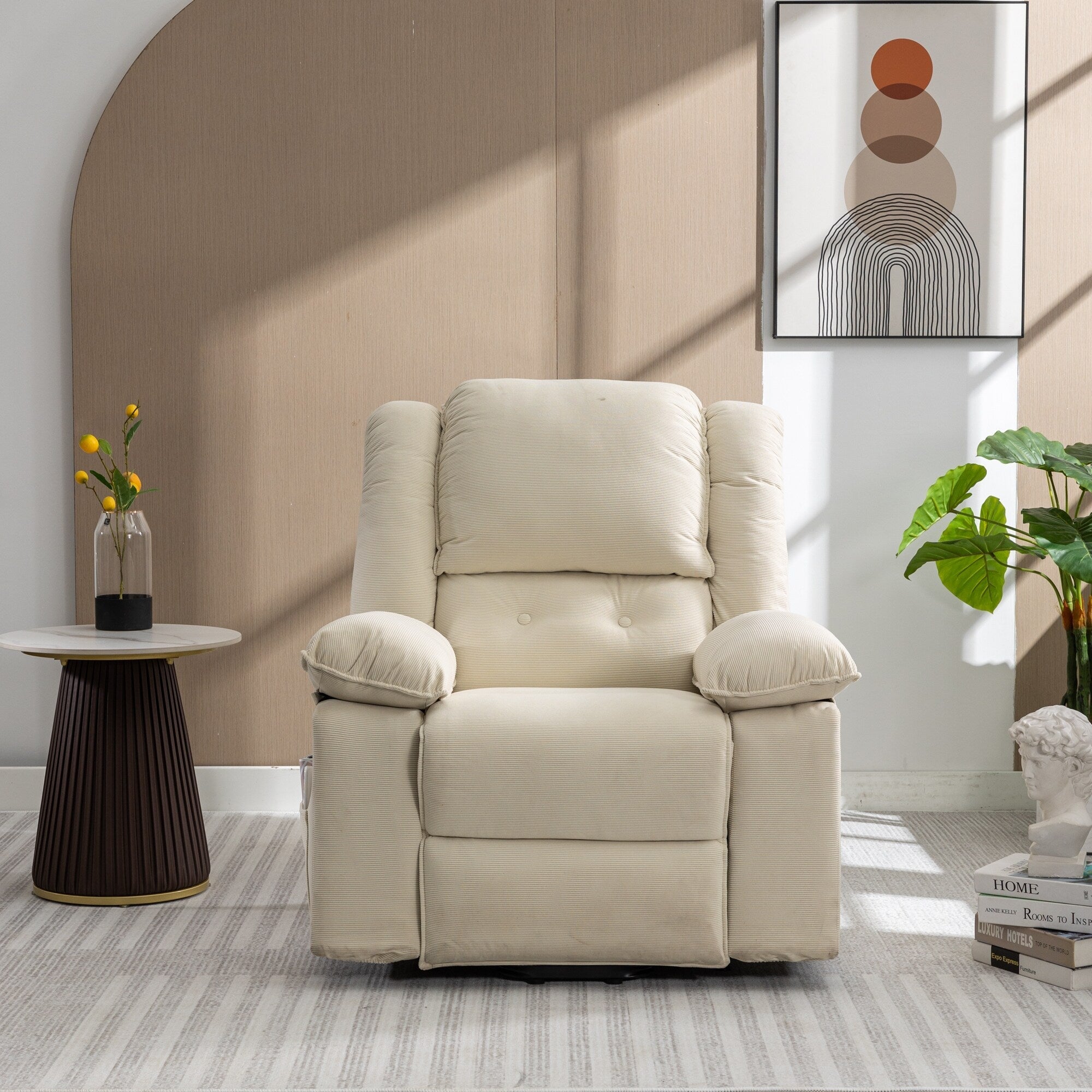 Fauteuil inclinable électrique beige pour personnes âgées avec massage, chauffage, inclinaison réglable, poches latérales et positions illimitées