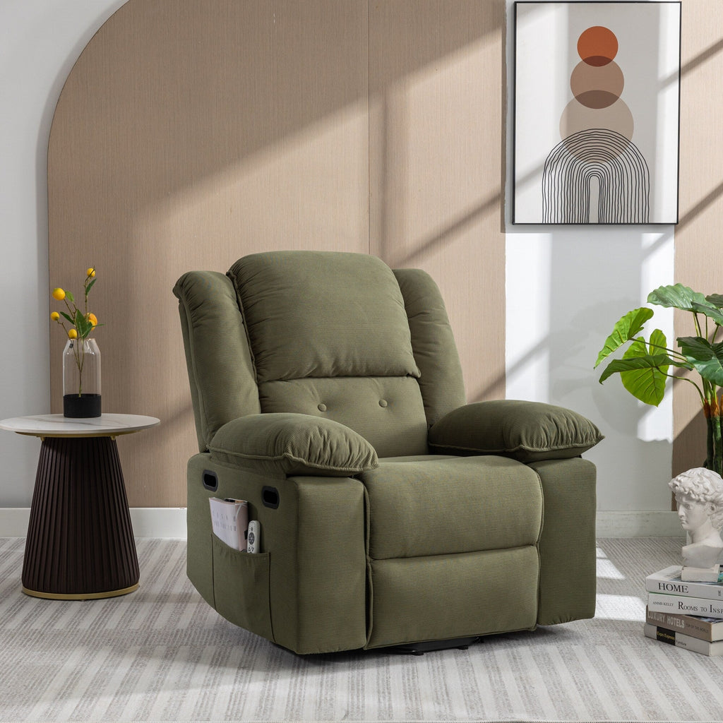 Fauteuil inclinable électrique beige pour personnes âgées avec massage, chauffage, inclinaison réglable, poches latérales et positions illimitées