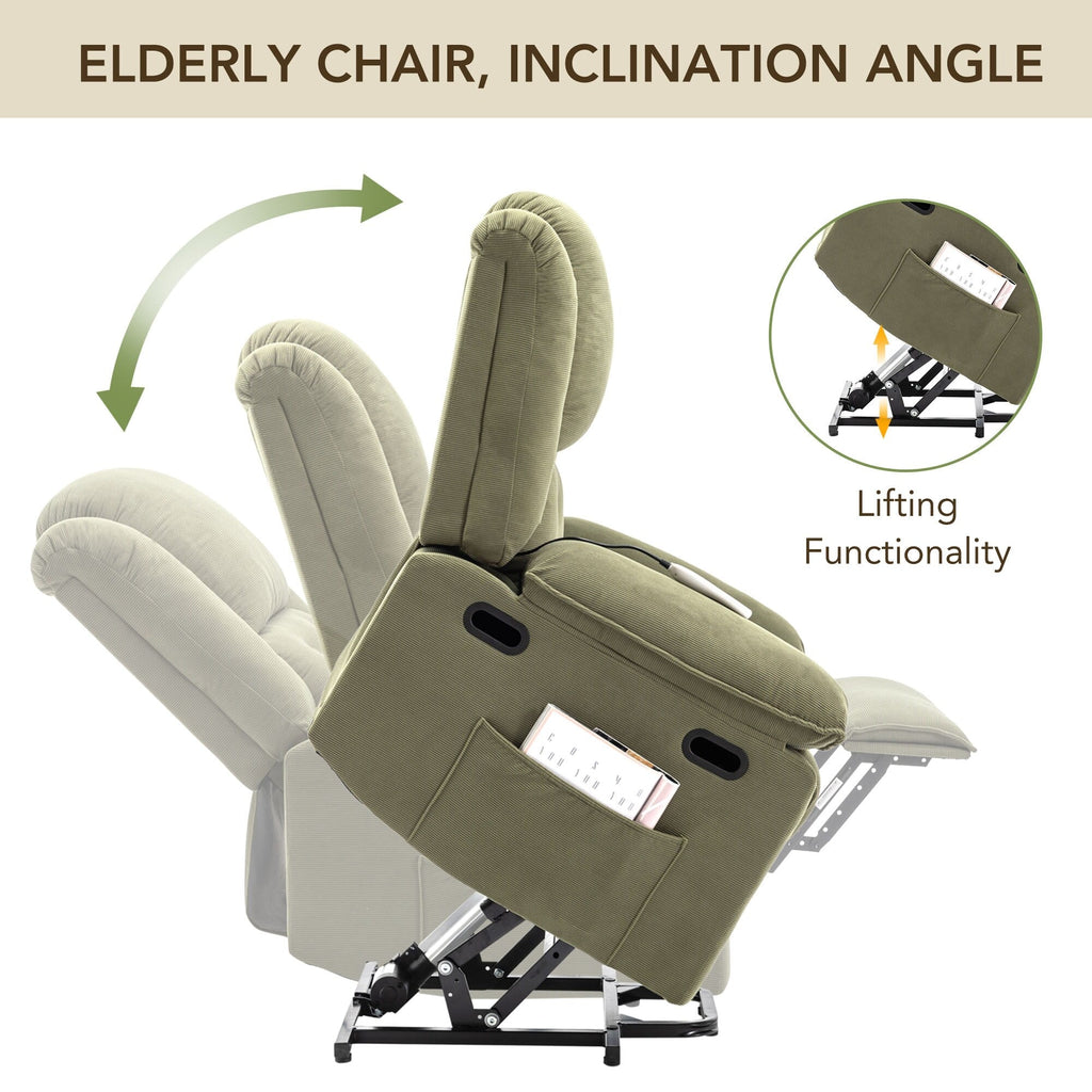 Fauteuil inclinable électrique beige pour personnes âgées avec massage, chauffage, inclinaison réglable, poches latérales et positions illimitées