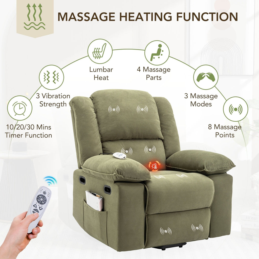 Fauteuil inclinable électrique beige pour personnes âgées avec massage, chauffage, inclinaison réglable, poches latérales et positions illimitées