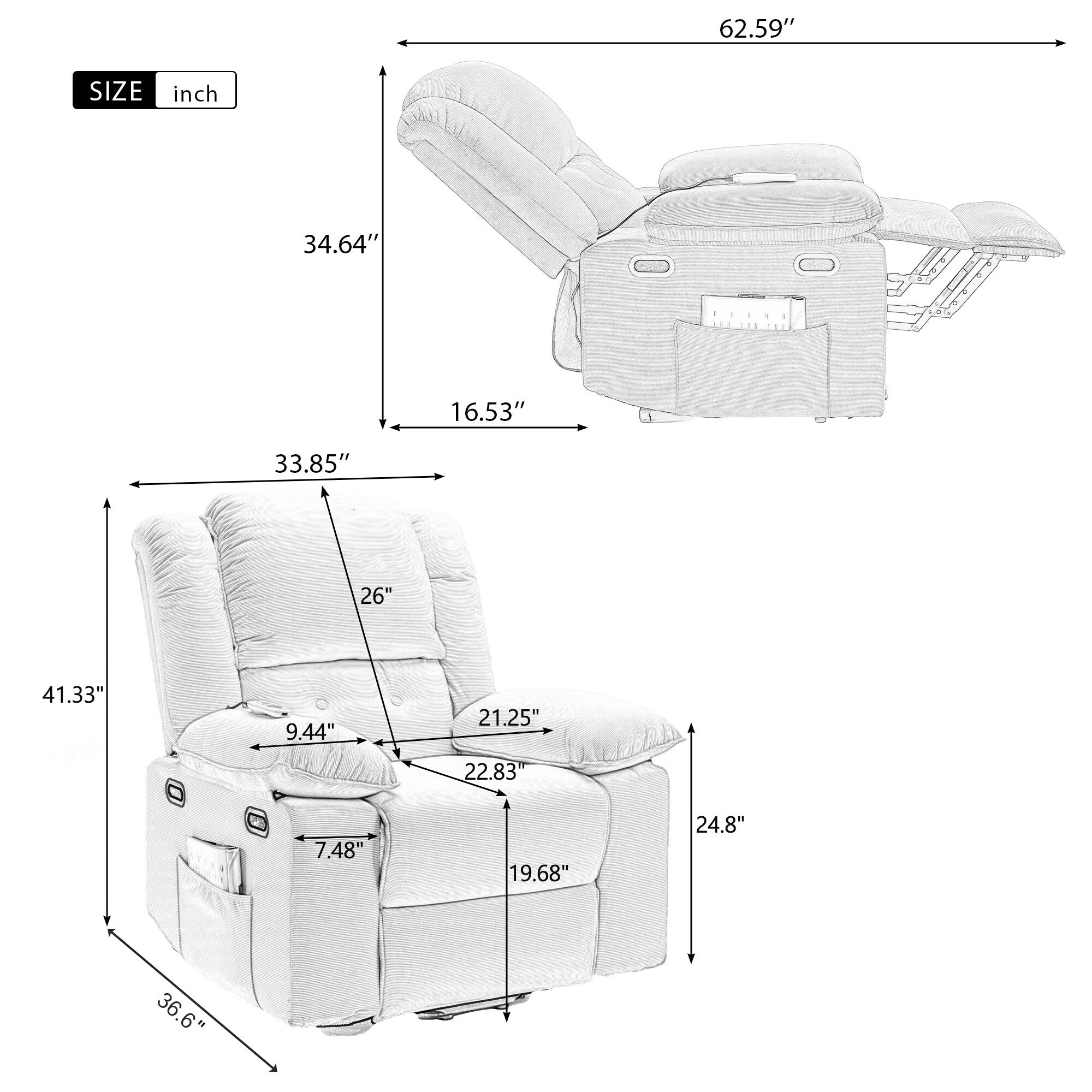 Fauteuil inclinable électrique beige pour personnes âgées avec massage, chauffage, inclinaison réglable, poches latérales et positions illimitées