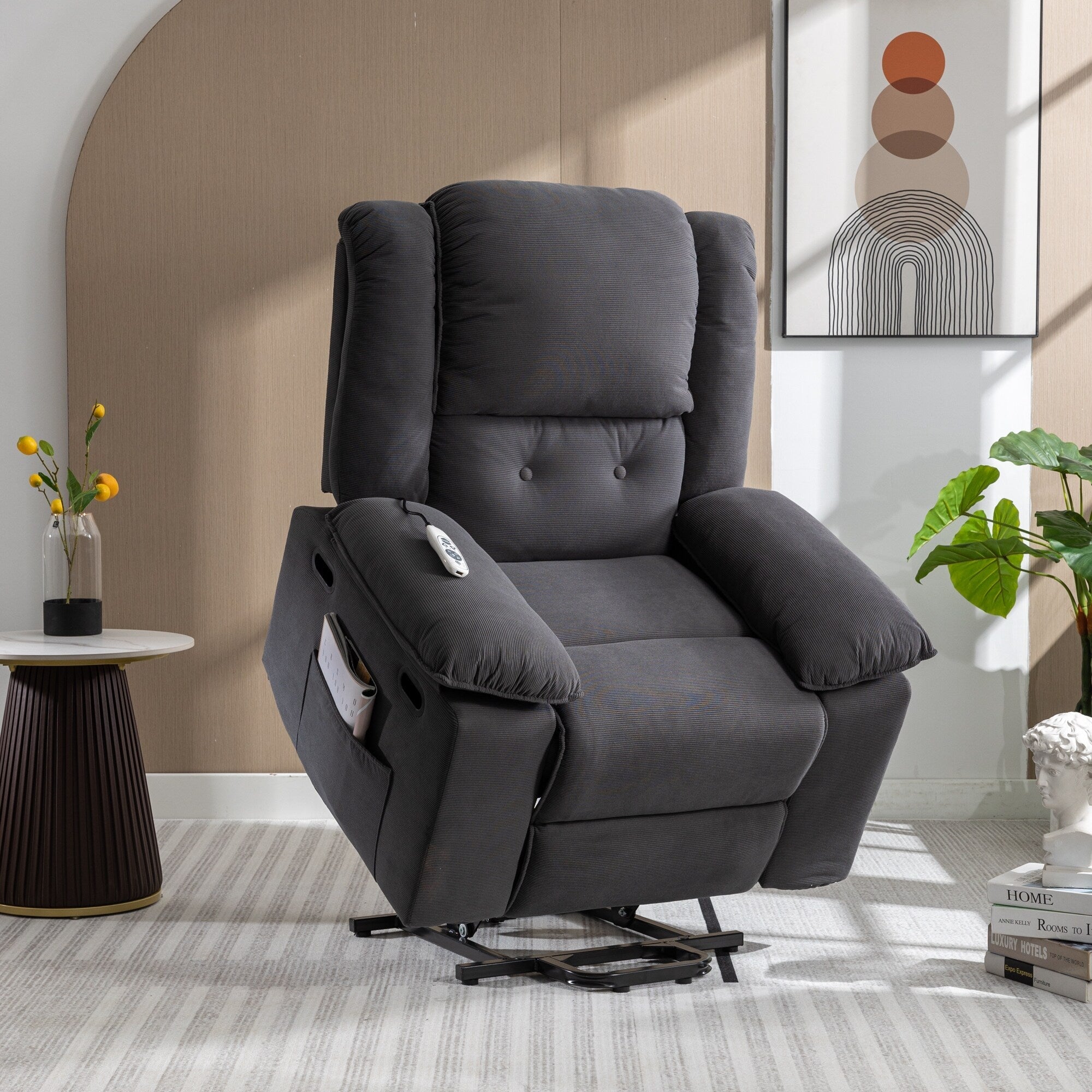 Fauteuil inclinable électrique beige pour personnes âgées avec massage, chauffage, inclinaison réglable, poches latérales et positions illimitées