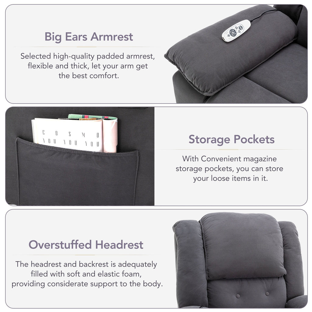 Fauteuil inclinable électrique beige pour personnes âgées avec massage, chauffage, inclinaison réglable, poches latérales et positions illimitées