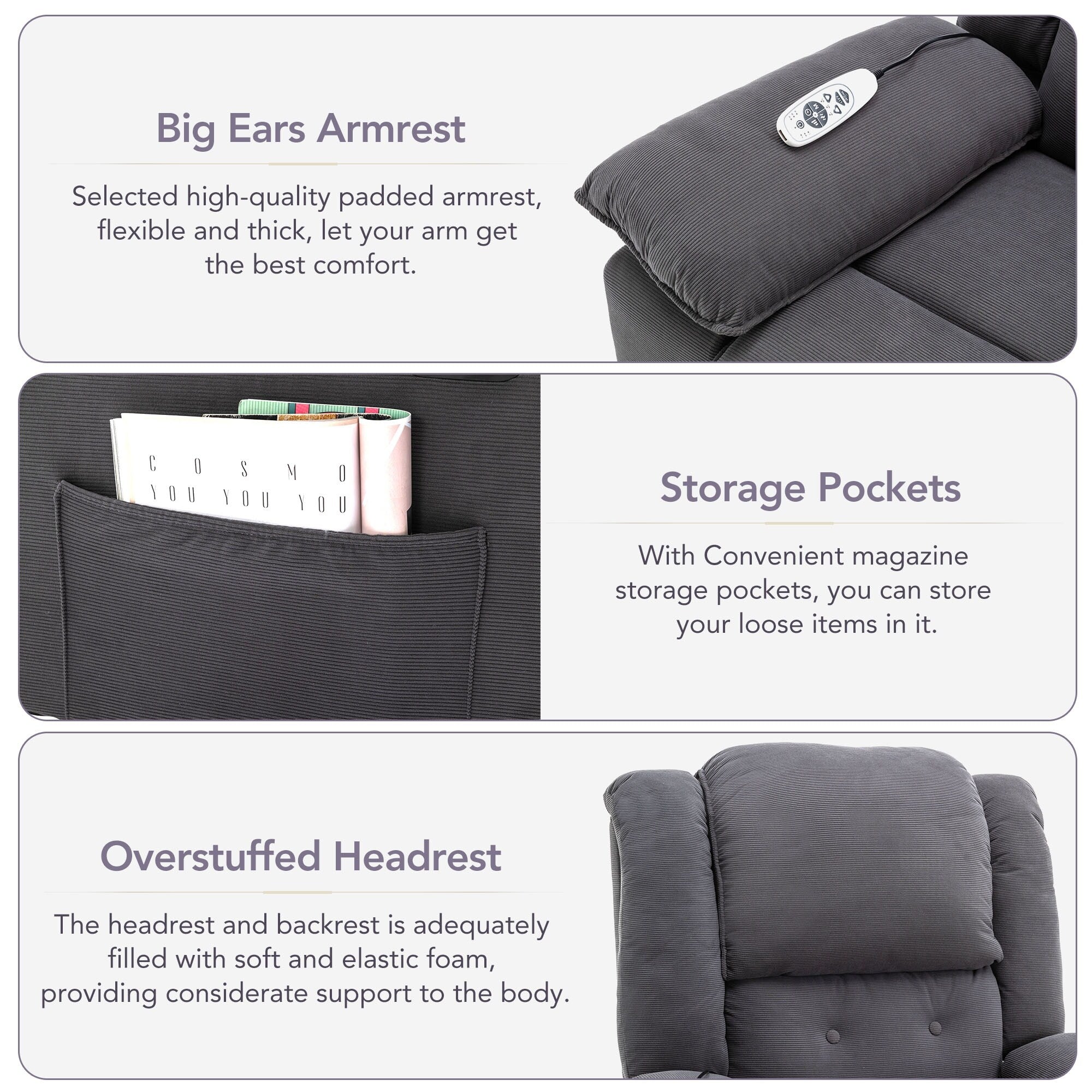 Fauteuil inclinable électrique beige pour personnes âgées avec massage, chauffage, inclinaison réglable, poches latérales et positions illimitées