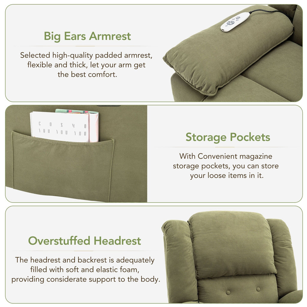 Fauteuil inclinable électrique beige pour personnes âgées avec massage, chauffage, inclinaison réglable, poches latérales et positions illimitées