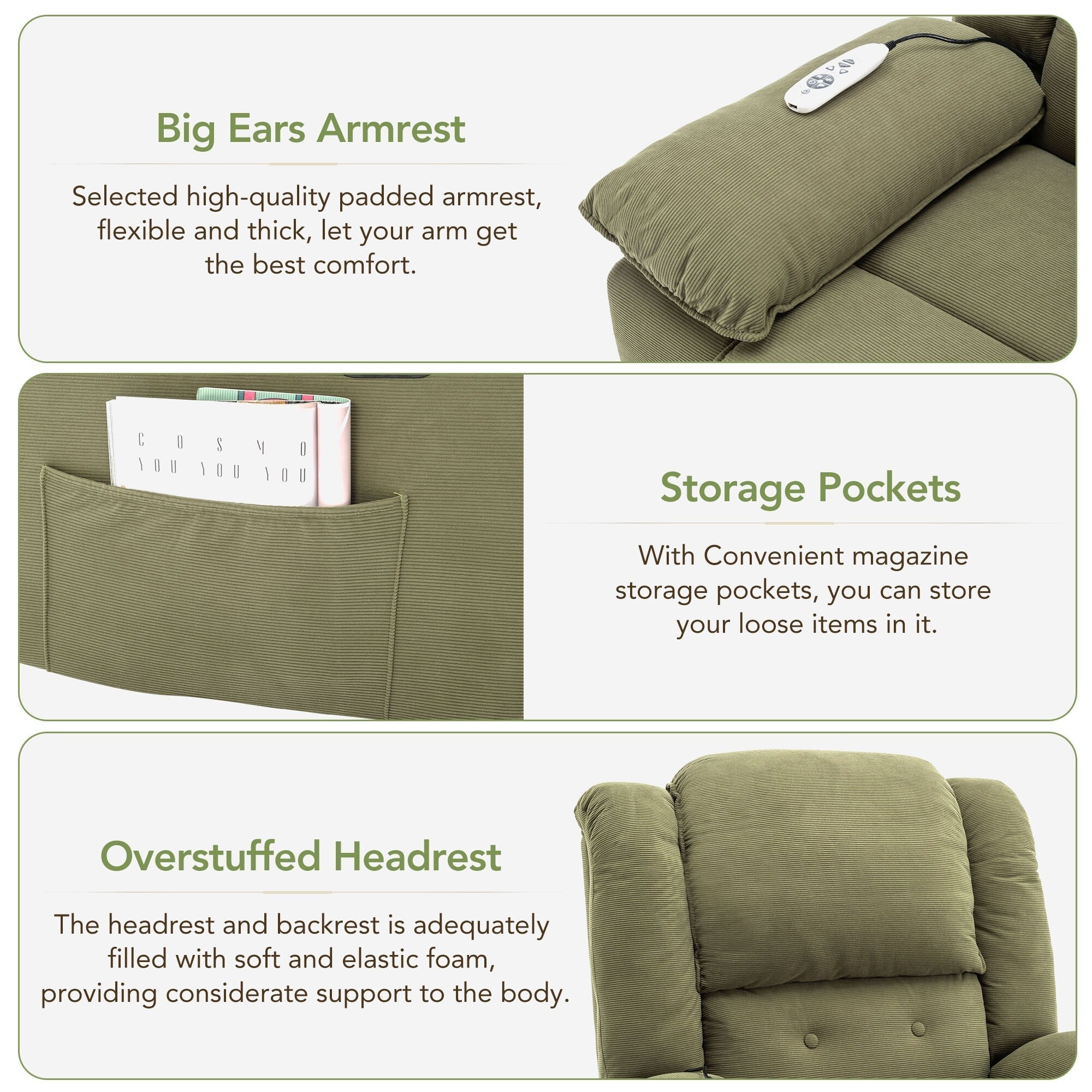 Fauteuil inclinable électrique beige pour personnes âgées avec massage, chauffage, inclinaison réglable, poches latérales et positions illimitées