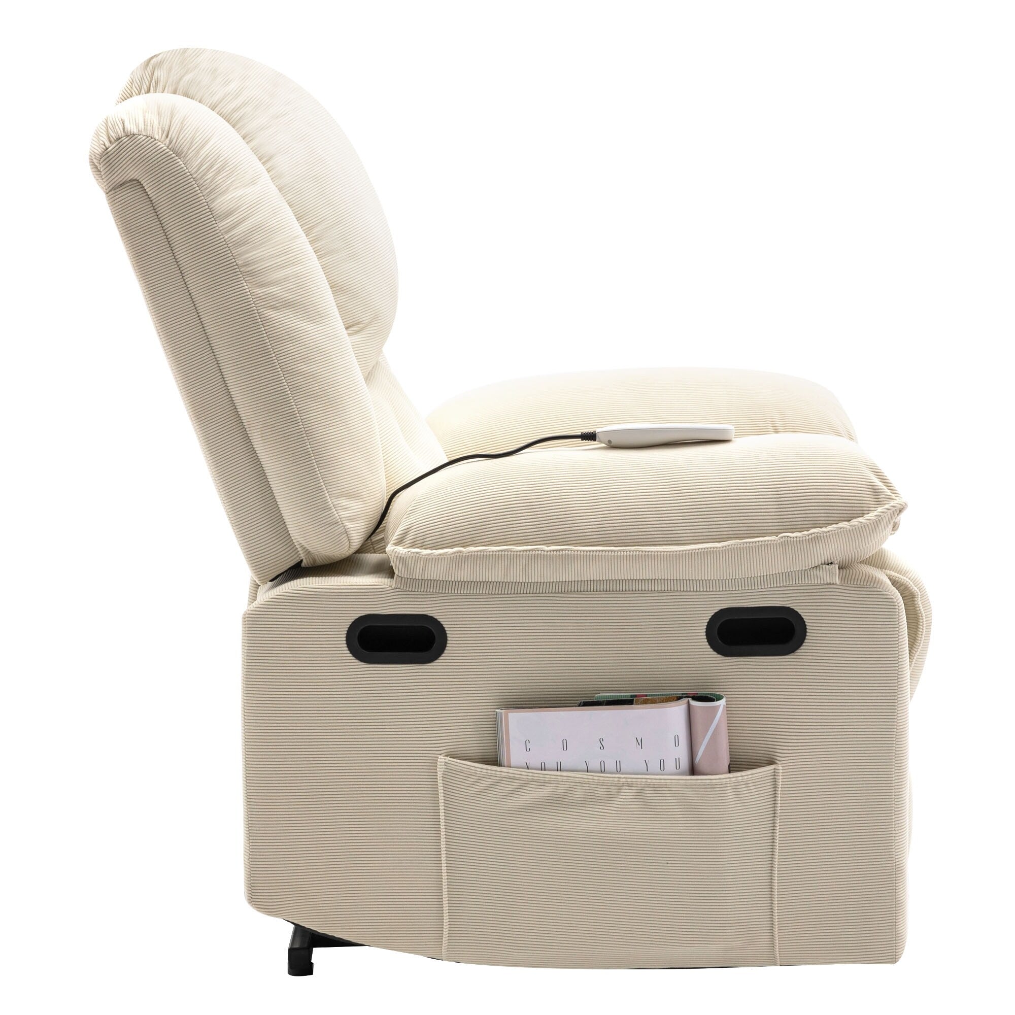 Fauteuil inclinable électrique beige pour personnes âgées avec massage, chauffage, inclinaison réglable, poches latérales et positions illimitées