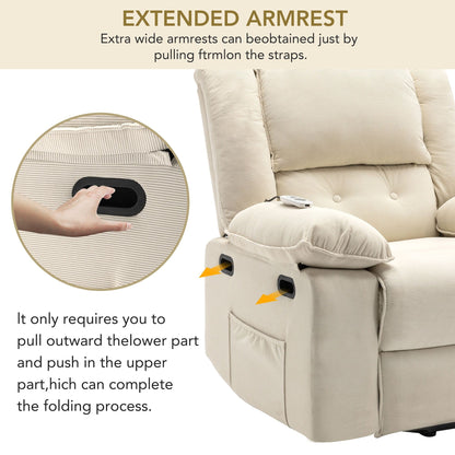 Fauteuil inclinable électrique beige avec massage, chauffage et accoudoirs rétractables