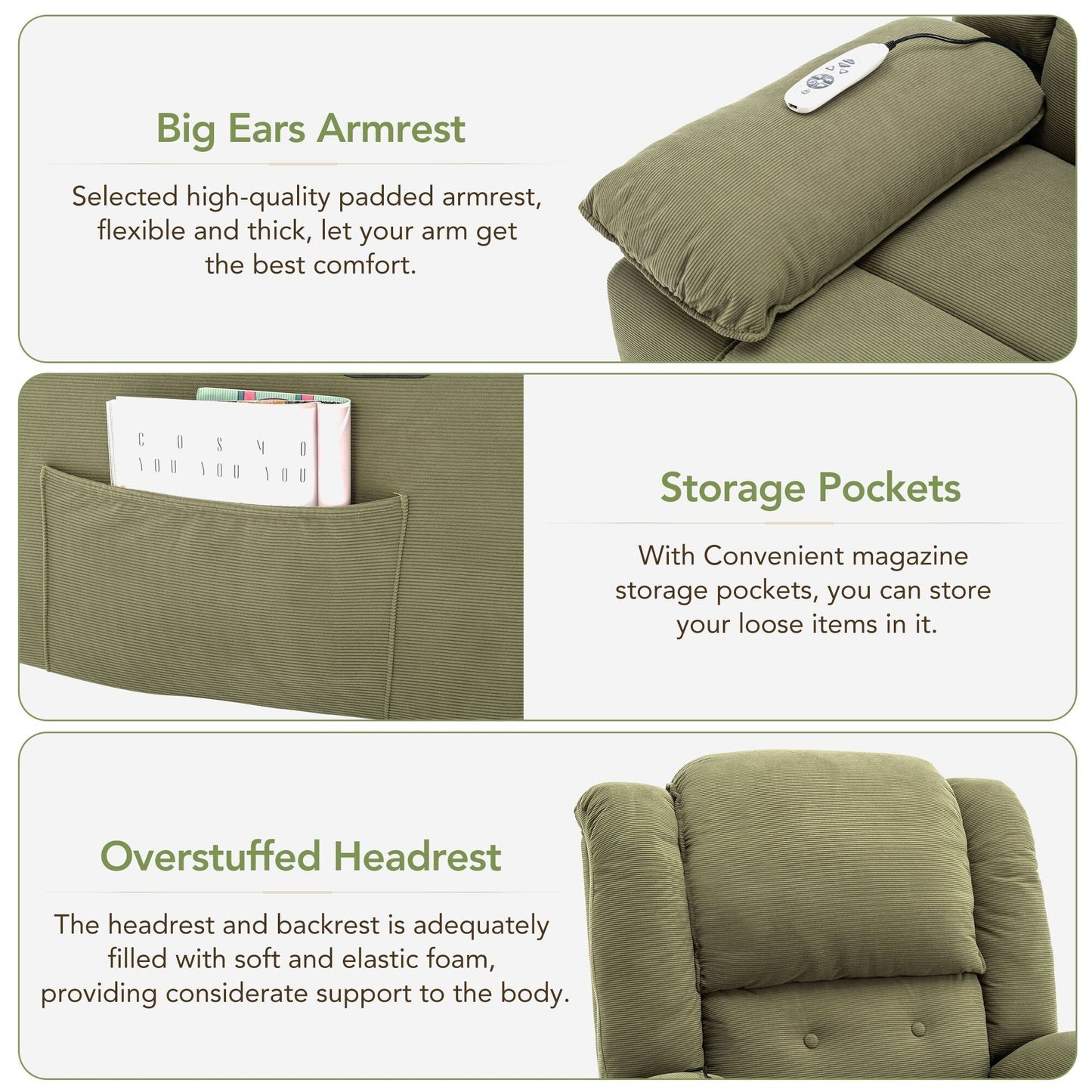 Fauteuil inclinable électrique beige avec massage, chauffage et accoudoirs rétractables