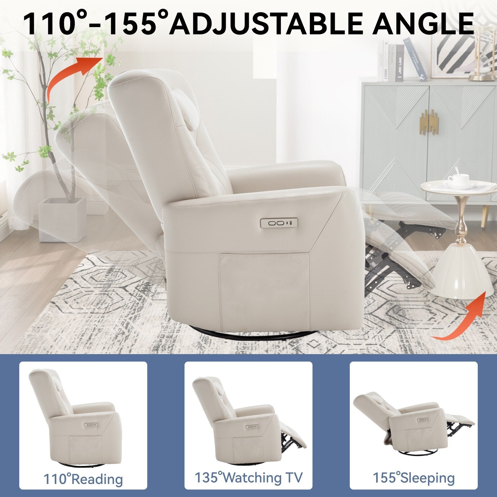 Fauteuil inclinable électrique beige avec pivot, mouvement de bascule et coussin lombaire