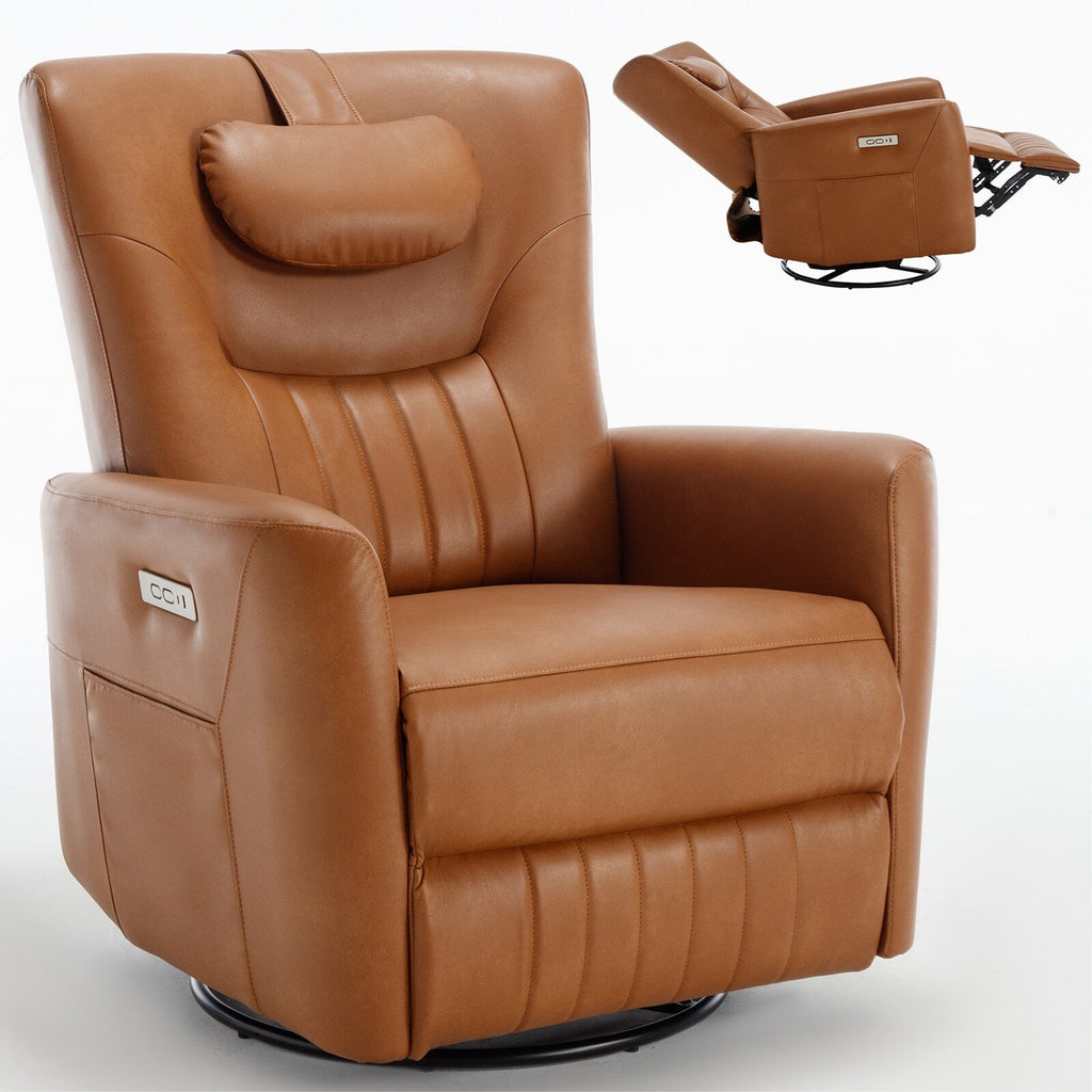 Fauteuil inclinable électrique beige avec pivot, mouvement de bascule et coussin lombaire