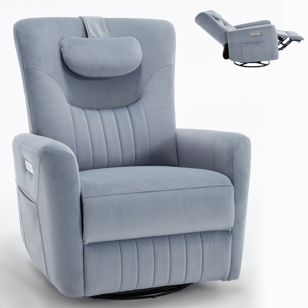 Fauteuil inclinable électrique beige avec pivot, mouvement de bascule et coussin lombaire