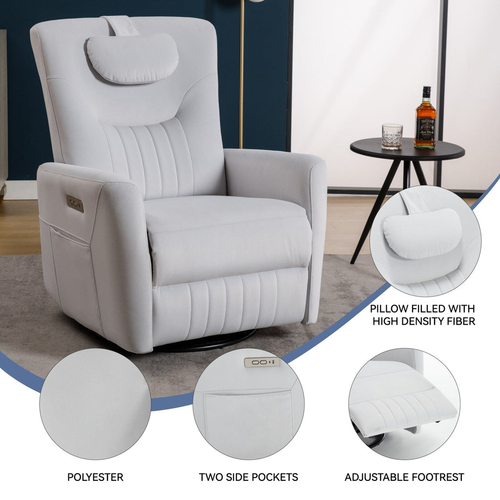 Fauteuil inclinable électrique beige avec pivot, mouvement de bascule et coussin lombaire