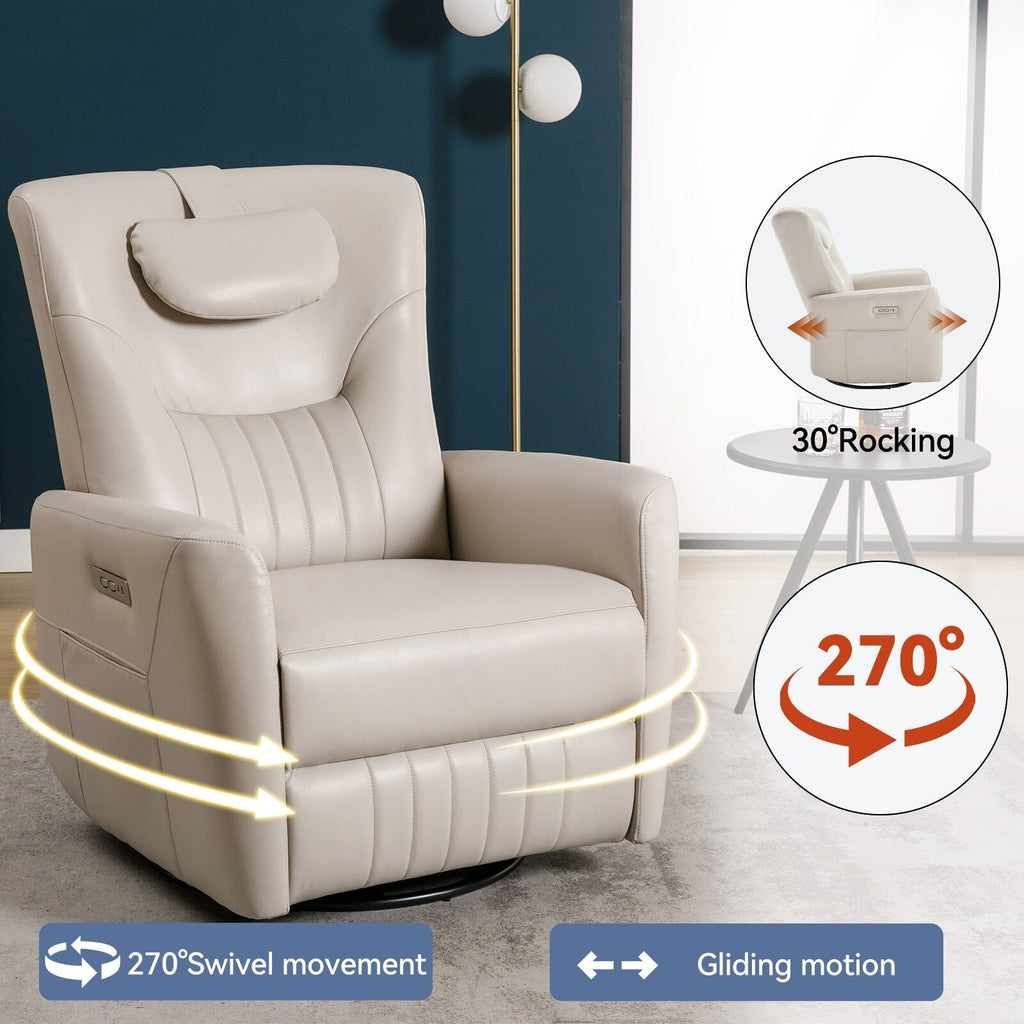 Fauteuil inclinable électrique beige avec pivot, mouvement de bascule et coussin lombaire