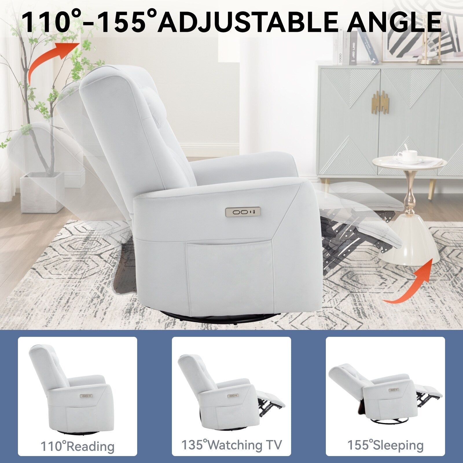 Fauteuil inclinable électrique beige avec pivot, mouvement de bascule et coussin lombaire