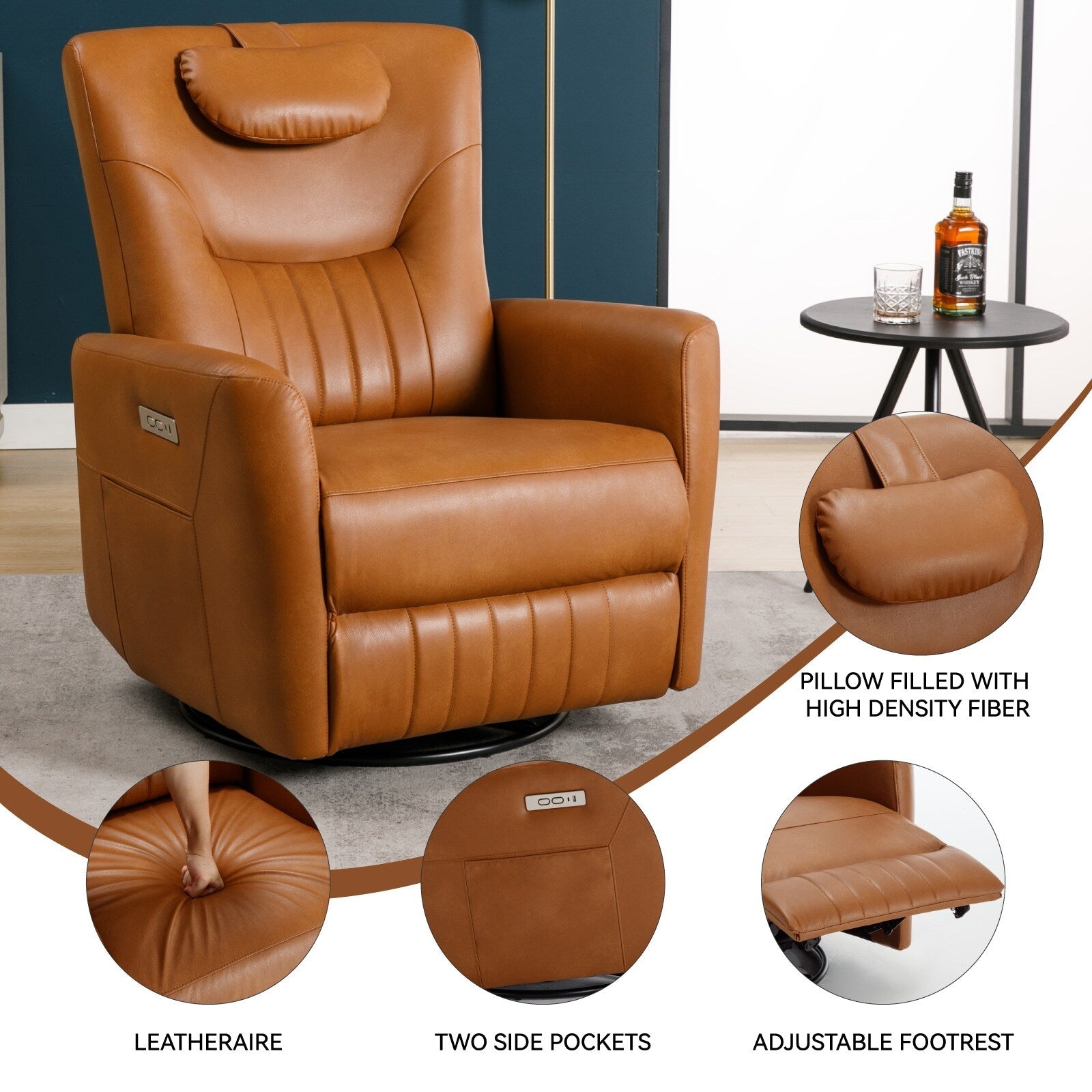 Fauteuil inclinable électrique beige avec pivot, mouvement de bascule et coussin lombaire