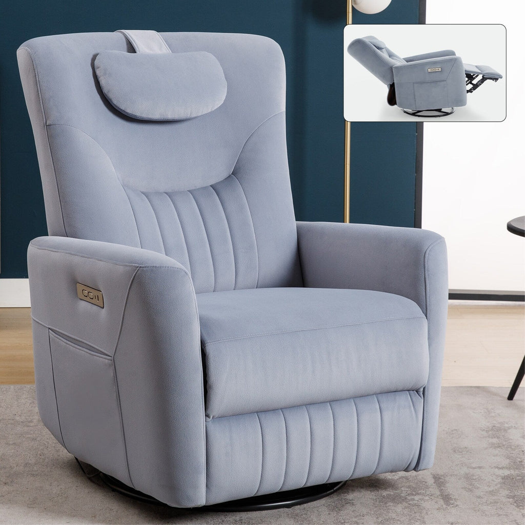 Fauteuil inclinable électrique beige avec pivot, mouvement de bascule et coussin lombaire