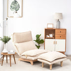 Fauteuil inclinable manuel sans accoudoirs rembourré beige avec pouf, appui-tête et dossier réglables, position à plat à 180°