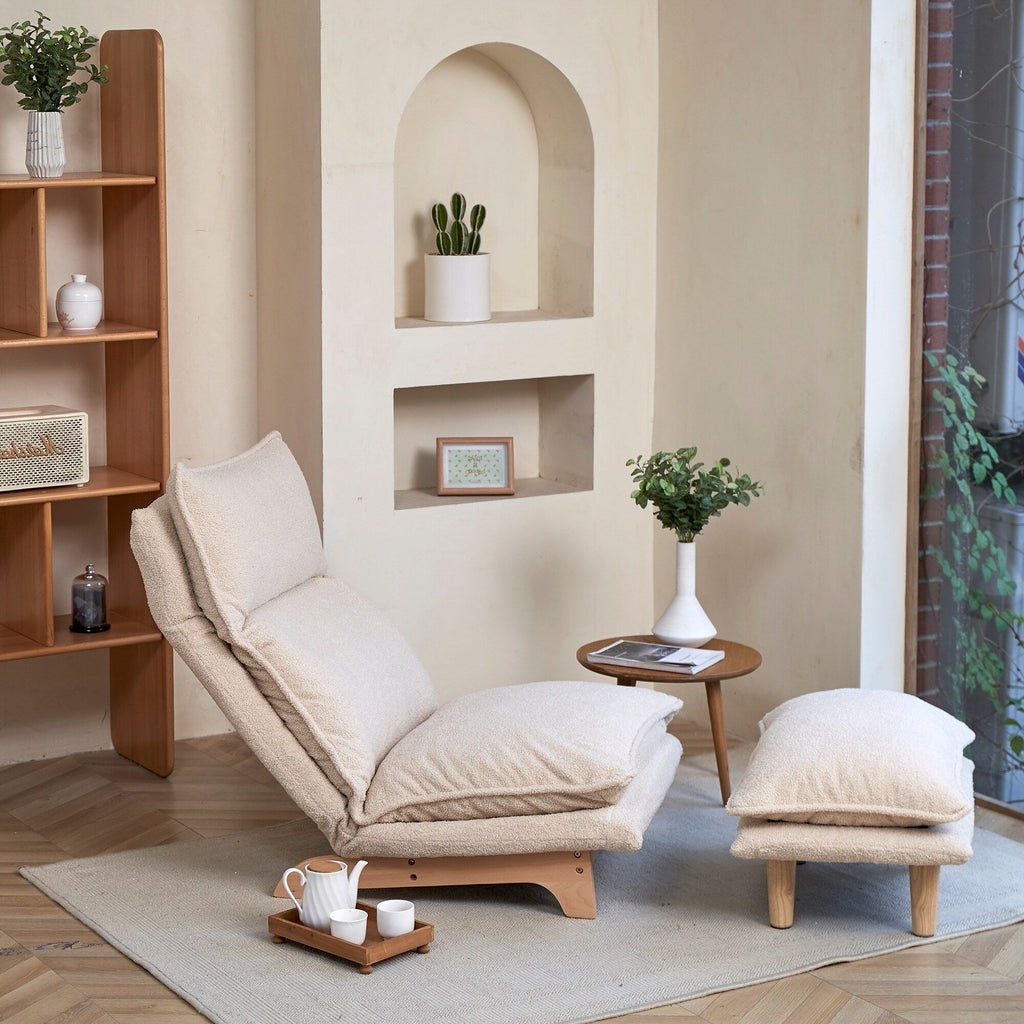 Fauteuil inclinable manuel sans accoudoirs rembourré beige avec pouf, appui-tête et dossier réglables, position à plat à 180°