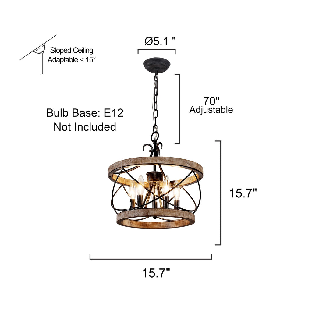 Lustre cage rustique en bois Bella Depot à 5 lumières, éclairage à intensité variable, suspension réglable de style ferme de 15,7 pouces pour îlot de cuisine