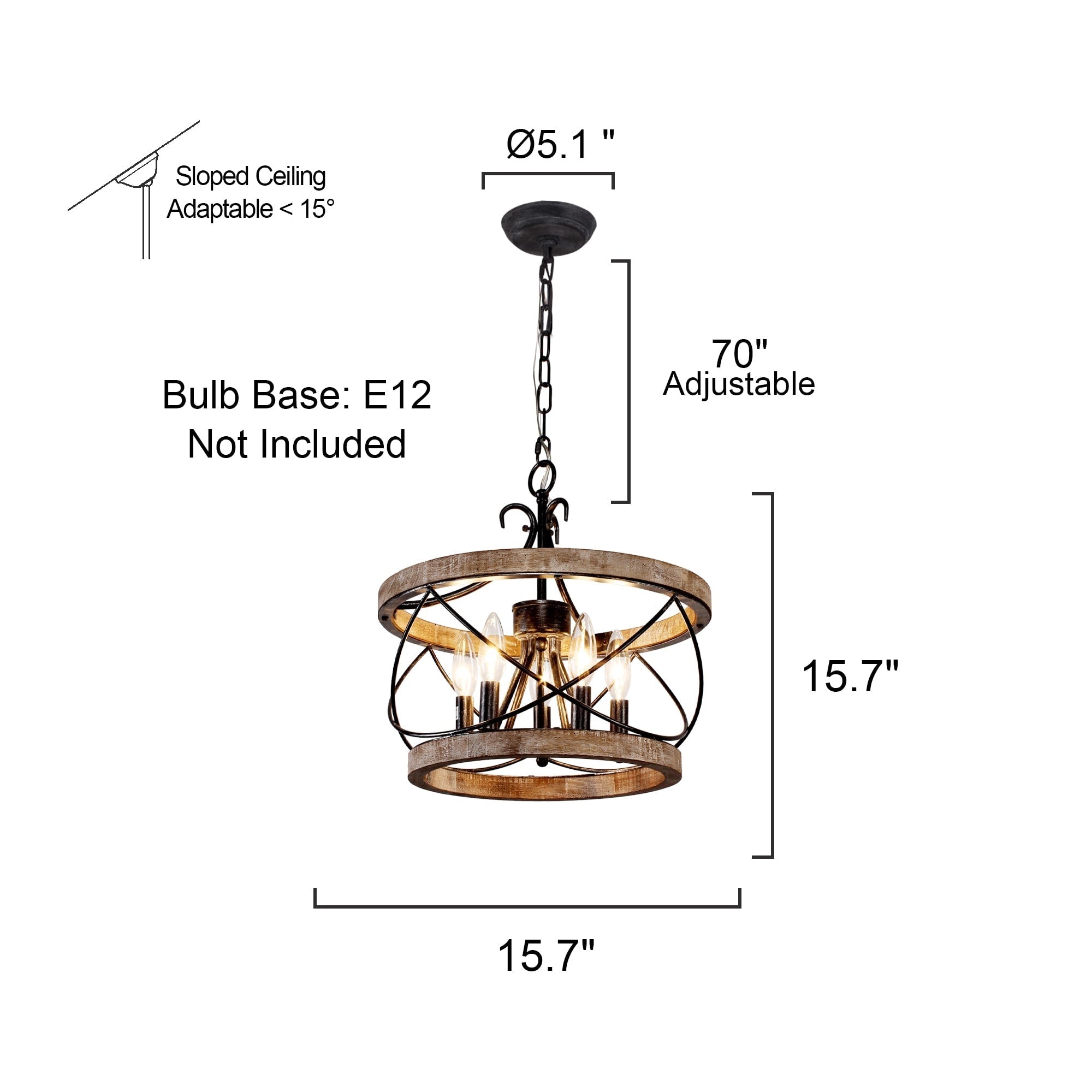 Lustre cage rustique en bois Bella Depot à 5 lumières, éclairage à intensité variable, suspension réglable de style ferme de 15,7 pouces pour îlot de cuisine