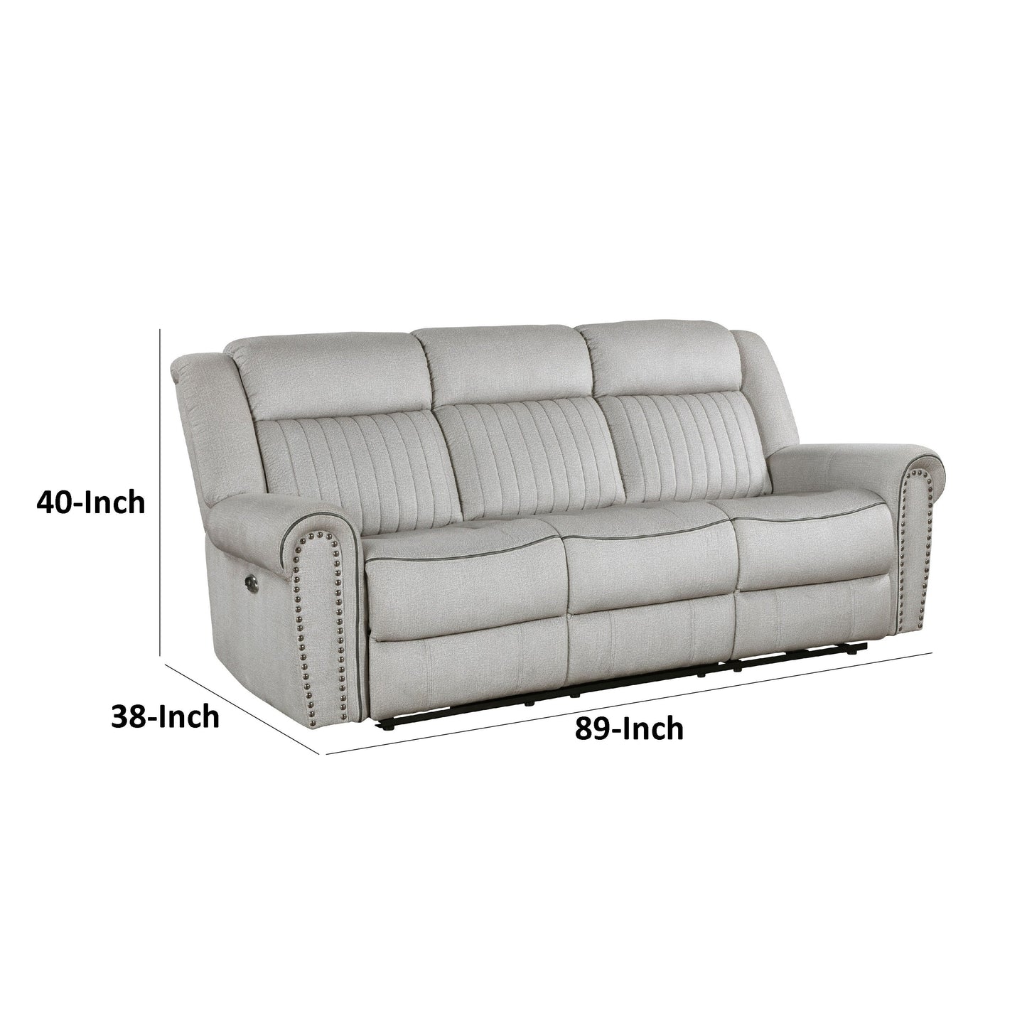 Canapé inclinable électrique Ben, 89 pouces, microfibre grise, garnitures cloutées