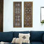 Panneaux muraux en bois sculptés à la main à motif floral Benzara, assortiment de deux, marron