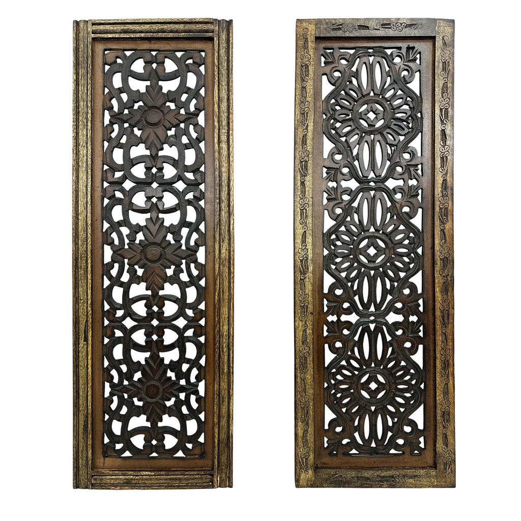 Panneaux muraux en bois sculptés à la main à motif floral Benzara, assortiment de deux, marron