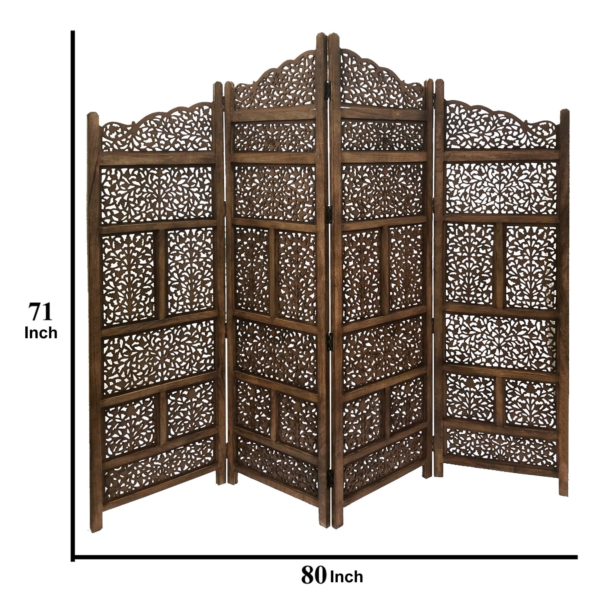 Paravent/séparateur de pièce pliable en bois sculpté à la main Benzara, 4 panneaux, marron