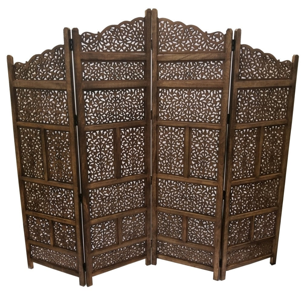 Paravent/séparateur de pièce pliable en bois sculpté à la main Benzara, 4 panneaux, marron