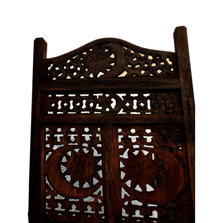 Paravent pliable en bois à 4 panneaux, motif soleil et lune sculpté à la main, marron